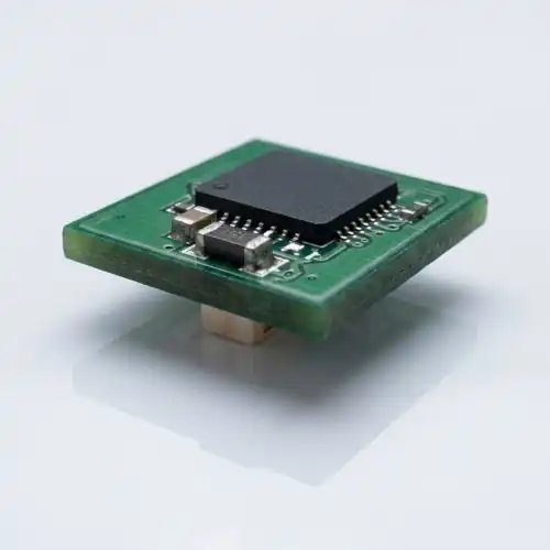 Compact green PCB assembly with large integrated circuit chip and connector pins, showing consolidated and optimized circuit redesign.
