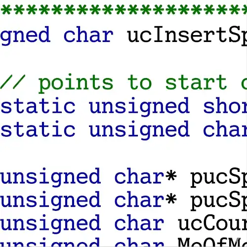 Partial C firmware code displaying static unsigned char declarations and pointer definitions with color syntax highlighting.