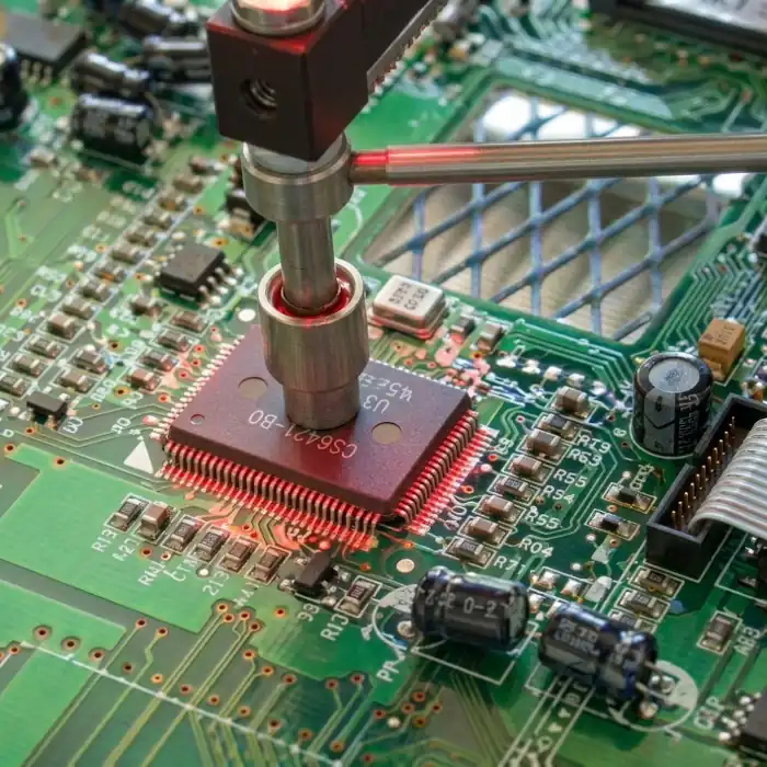 In-circuit testing probe positioned over a complex microprocessor assembly on a populated PCB, demonstrating automated functional testing and quality assurance of electronics.