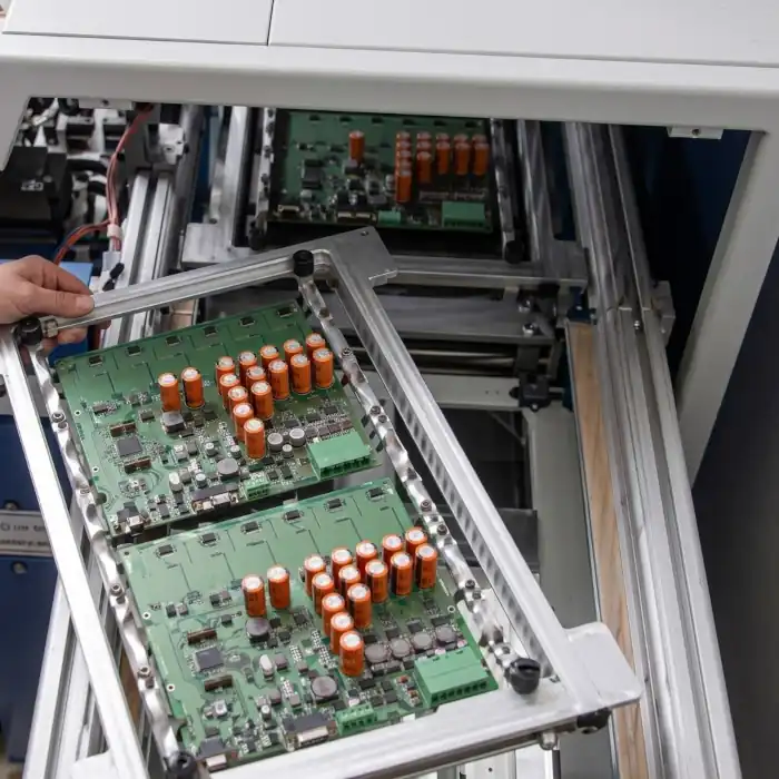 Multi-board product assembly showing programmed circuit boards with capacitors being integrated into a metal enclosure chassis, demonstrating final product assembly and integration testing.