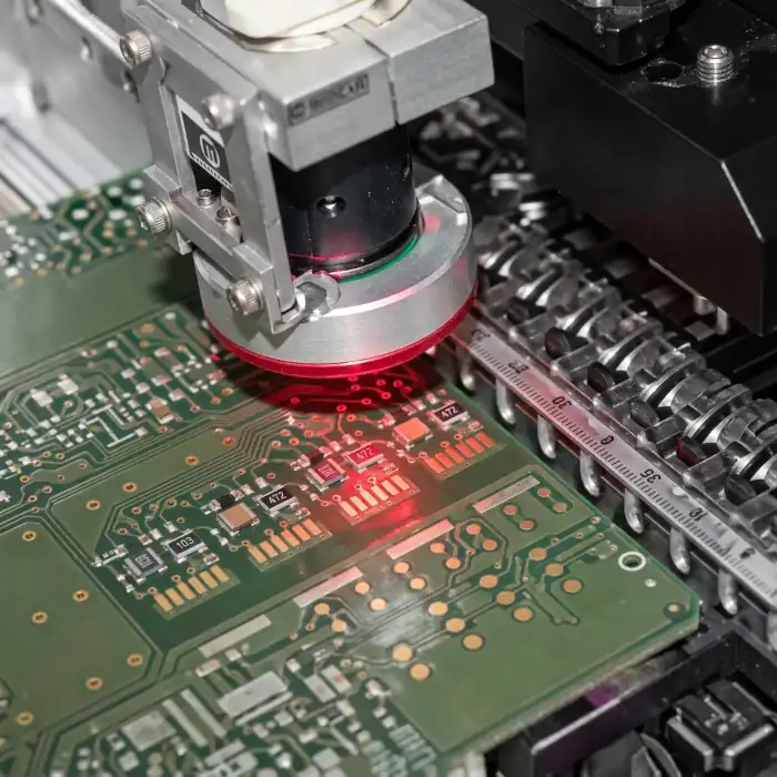Automated optical inspection of assembled PCB boards during WEEng's quality control manufacturing process.